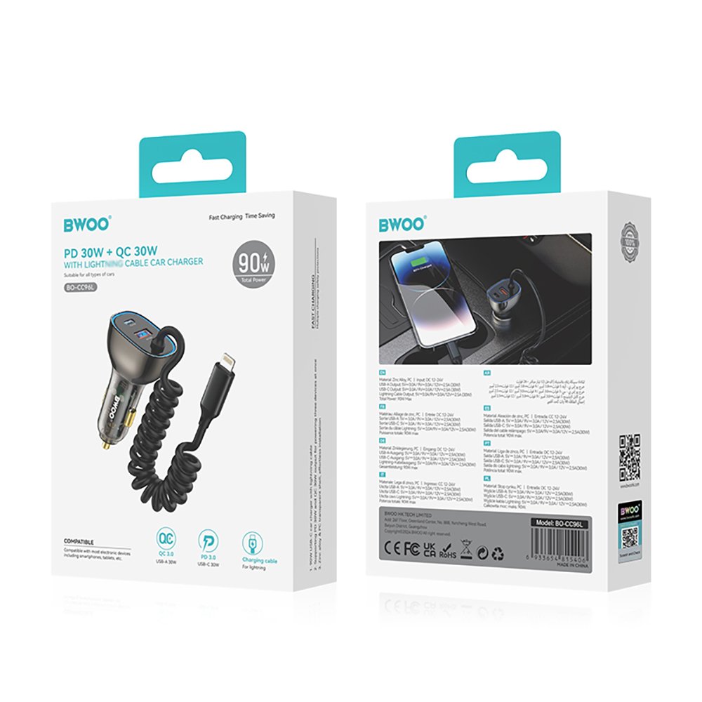 BWOO CC96L 30W PD automašīnas lādētājs 1x USB-C 1x USB porti ar Lightning kabeli pelēks