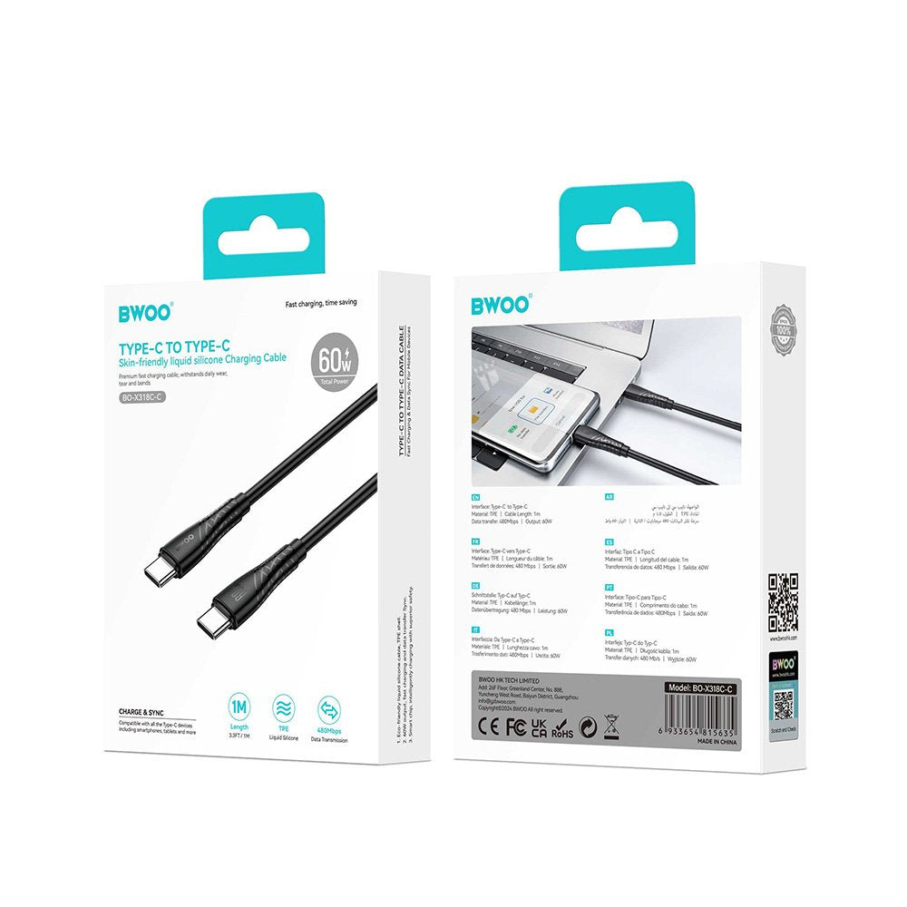 BWOO kabelis 60W USB-C - USB-C BO-X318 1m, melns