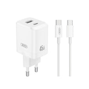 XO tīkla lādētājs CE36 PD 45W 1x USB-C 1x USB balts + kabelis USB-C - USB-C