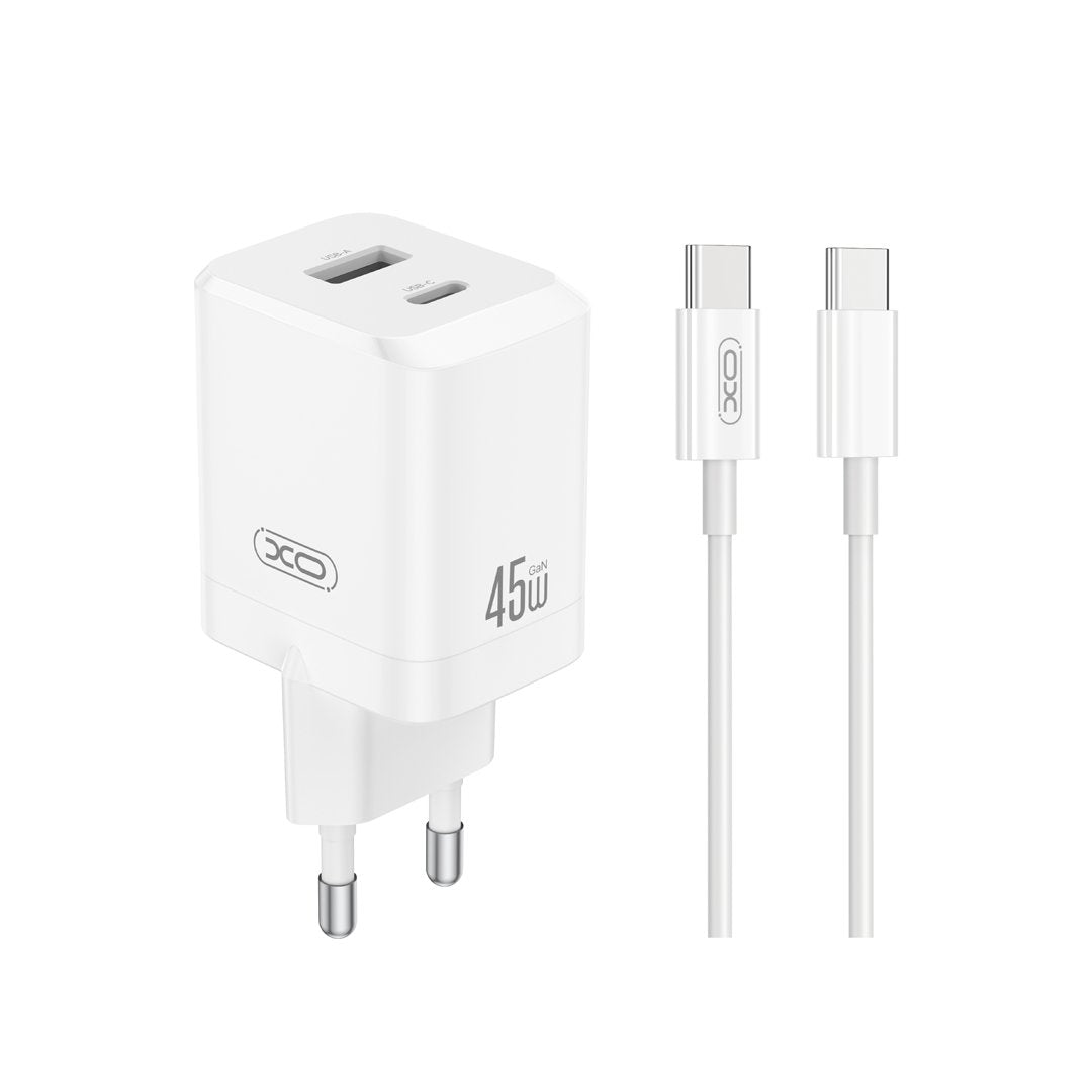 XO tīkla lādētājs CE36 PD 45W 1x USB-C 1x USB balts + kabelis USB-C - USB-C