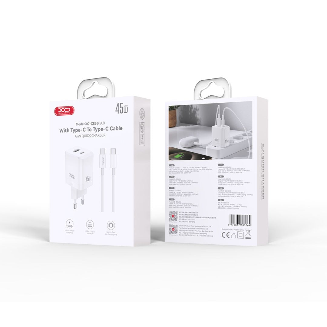 XO tīkla lādētājs CE36 PD 45W 1x USB-C 1x USB balts + kabelis USB-C - USB-C