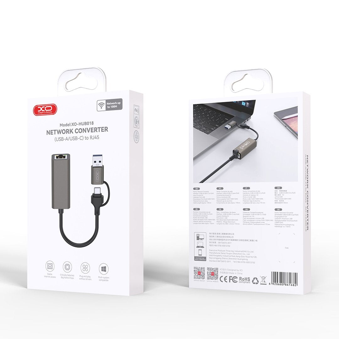 XO adapteris HUB HUB018 2w1 Usb-usb-c - RJ45, pelēks