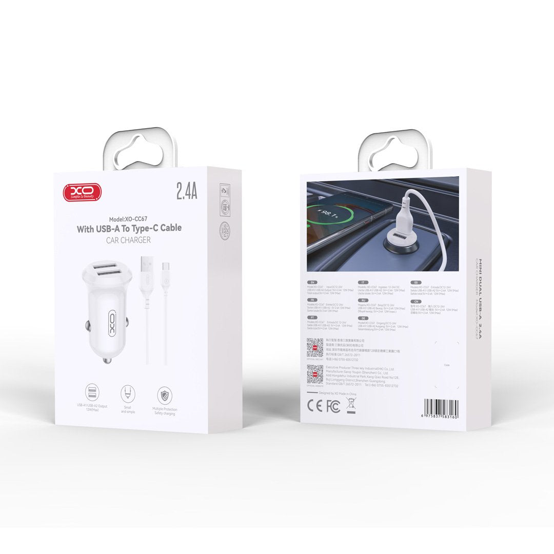 XO automašīnas lādētājs CC67 12W 2x USB melns + USB - USB-C kabelis