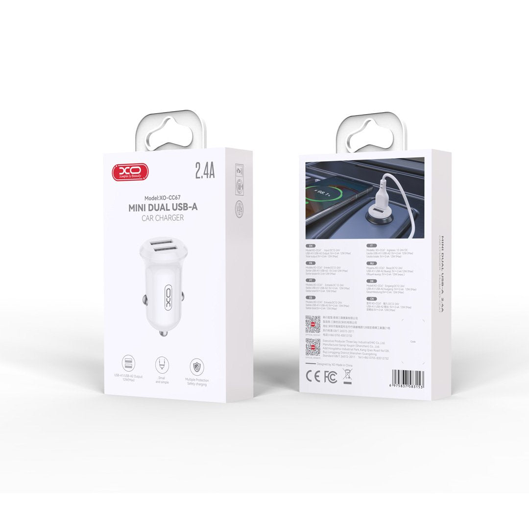XO auto lādētājs CC67 12W 2x USB, balts