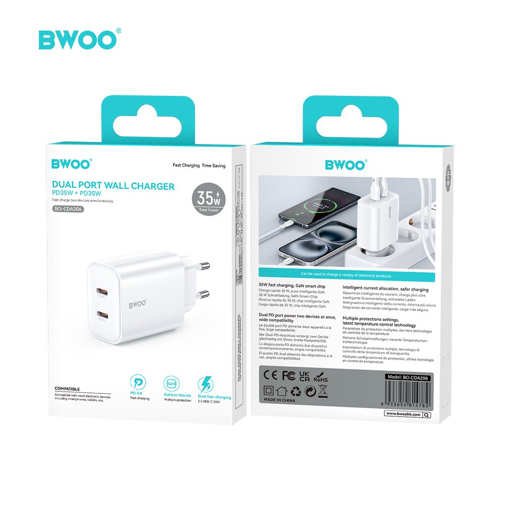 BWOO tīkla lādētājs CDA206 PD 35W 1x USB-C port, balts