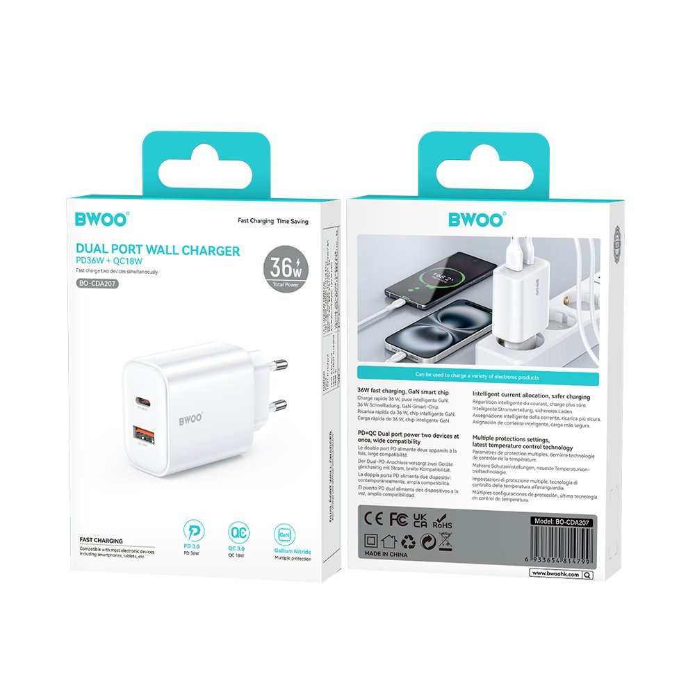 BWOO tīkla lādētājs CDA207 PD 36W 1x USB-A + USB-C port, balts