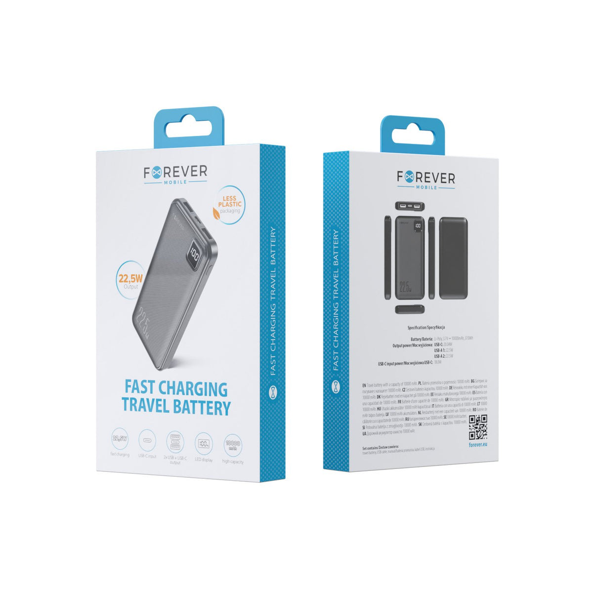 Forever ārējā baterija TB-300M PD QC 22,5W 10000 mAh, melna