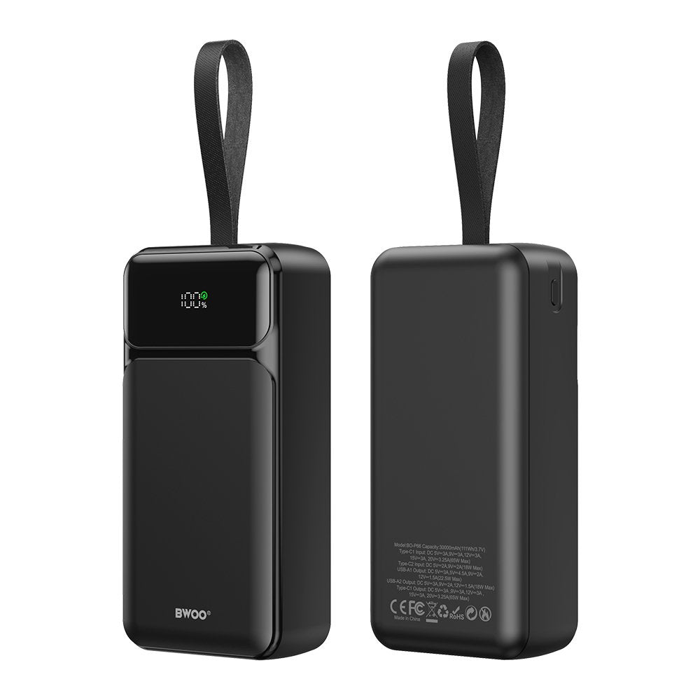 BWOO 65W pārnēsājamais akumulators 30000 mAh 2x USB-A, 1x USB-C ar LCD displeju, melns