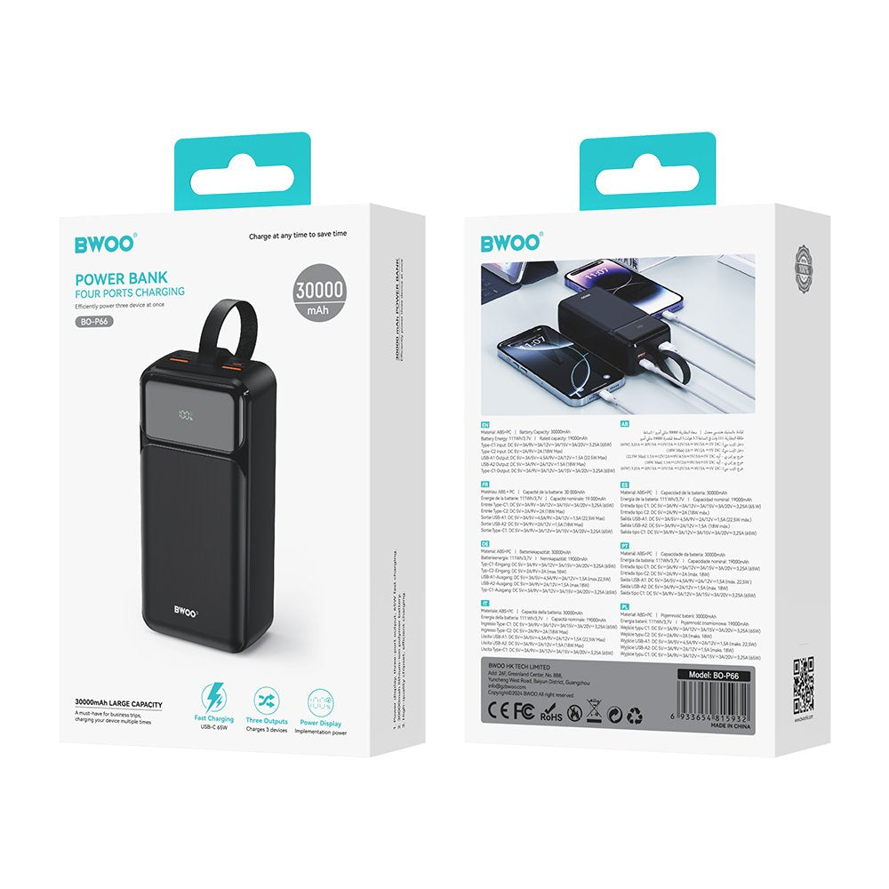 BWOO 65W pārnēsājamais akumulators 30000 mAh 2x USB-A, 1x USB-C ar LCD displeju, melns