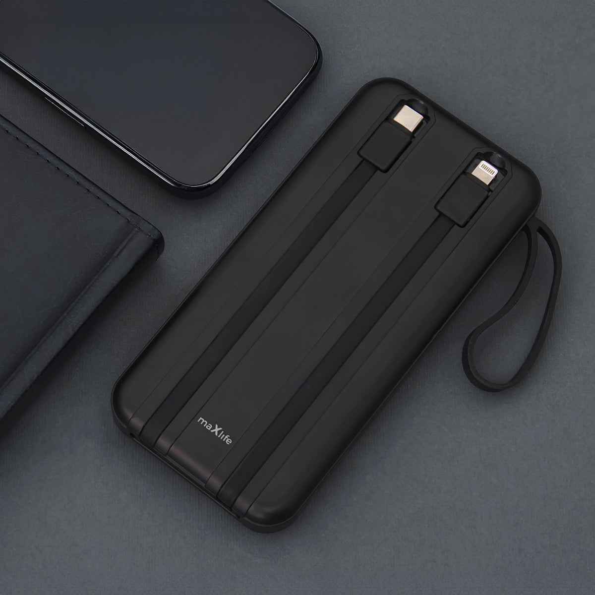 Maxlife pārnēsājamais akumulators ar iebūvētiem vadiem MXPB-06 PD QC 22,5W 10000 mAh melns