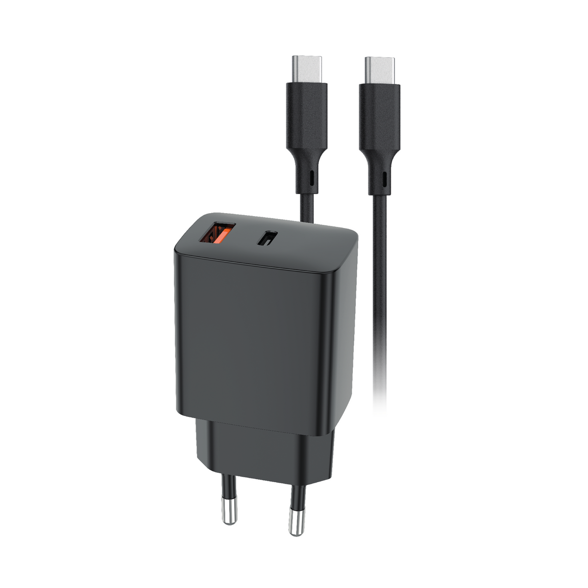 Setty USB-A + USB-C PD/QC 30 W tīkla lādētājs, melns + USB-C kabelis, 1 m, RLSK-AC-01, melns