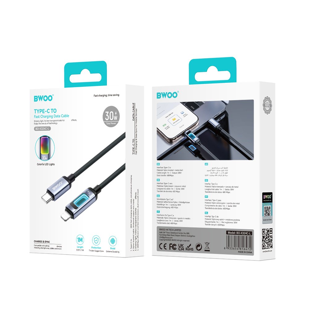 BWOO X324CL pīts ātrās uzlādes kabelis ar gaismas displeju PD 27W USB-C - Lightning