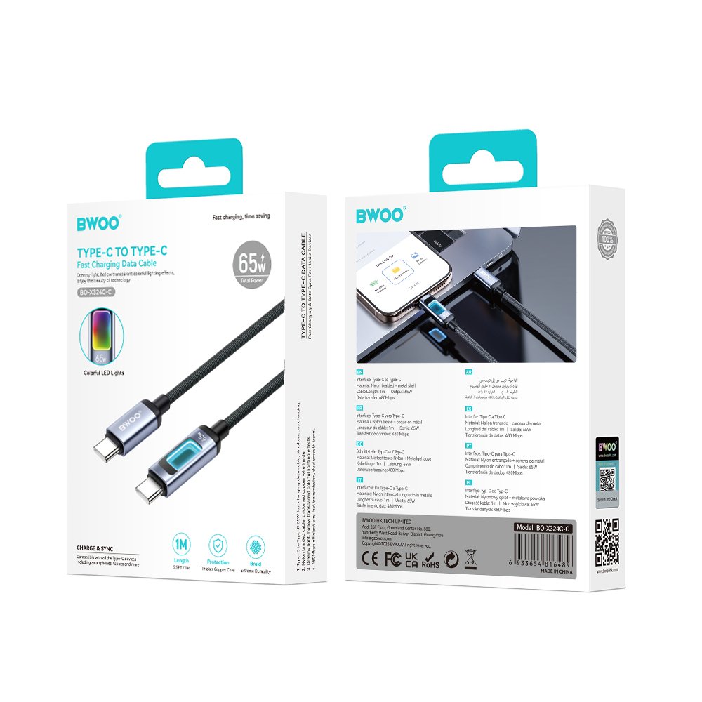 BWOO X324CC pīts ātrās uzlādes kabelis ar gaismas displeju PD 60W USB-C - USB-C
