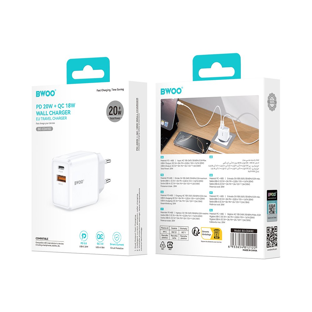 BWOO tīkla lādētājs CDA182 QC 38W 1x USB-A + 1x USB-C, balts