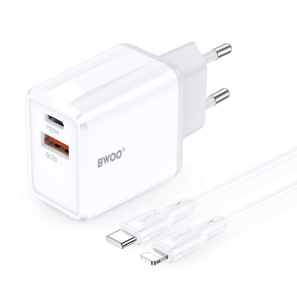 BWOO tīkla lādētājs CDA182 QC 38W 1x USB-A + 1x USB-C ar USB-C C-Lightning kabeli 1 m melns