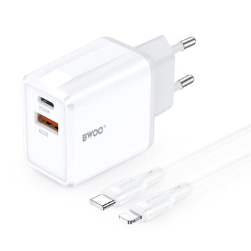 BWOO tīkla lādētājs CDA182 QC 38W 1x USB-A + 1x USB-C ar USB-C C-Lightning kabeli 1 m melns