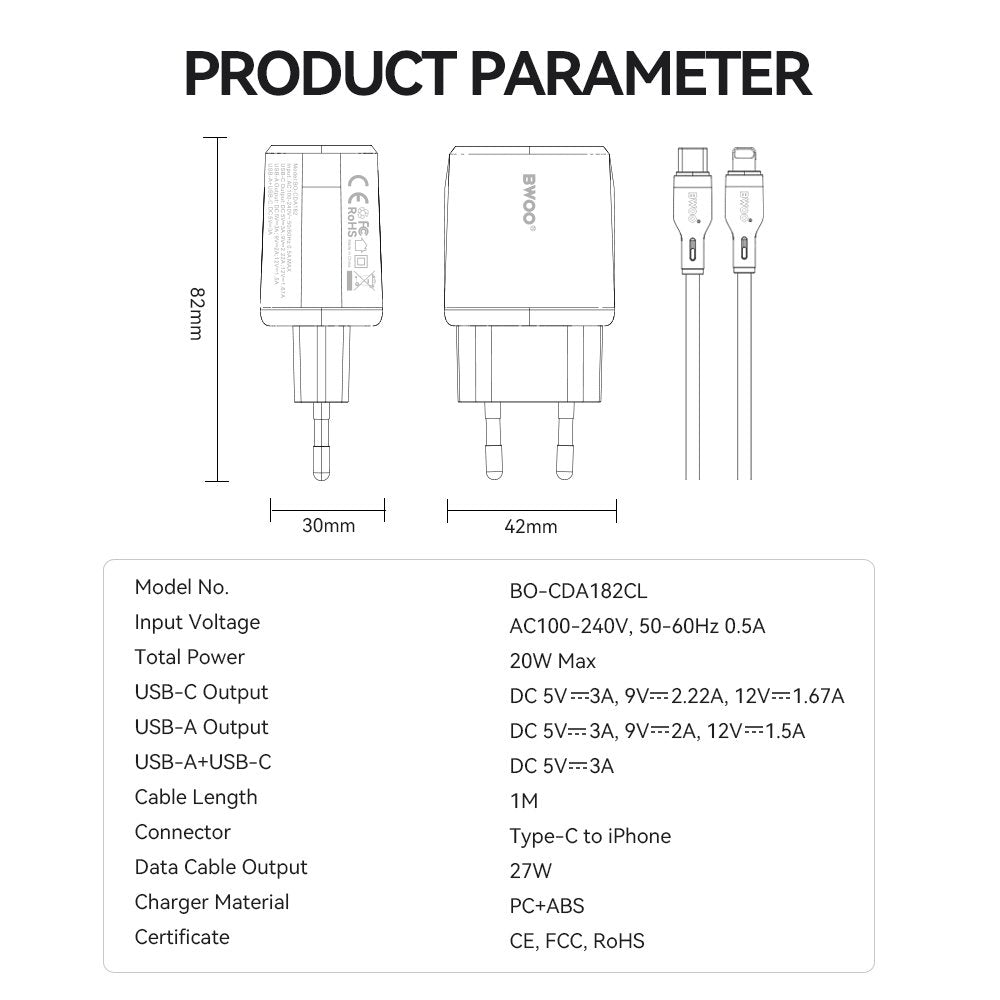 BWOO tīkla lādētājs CDA182 QC 38W 1x USB-A + 1x USB-C ar USB-C C-Lightning kabeli 1 m melns