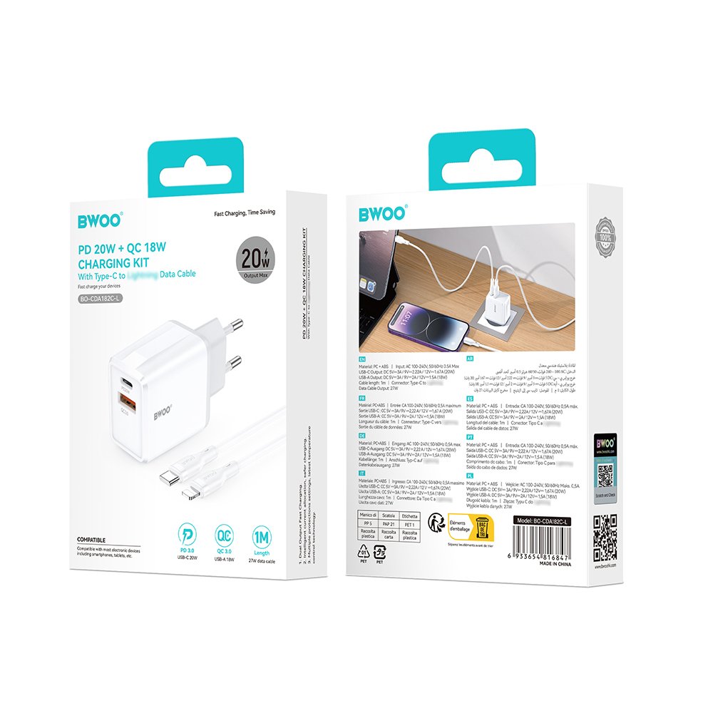 BWOO tīkla lādētājs CDA182 QC 38W 1x USB-A + 1x USB-C ar USB-C C-Lightning kabeli 1 m melns