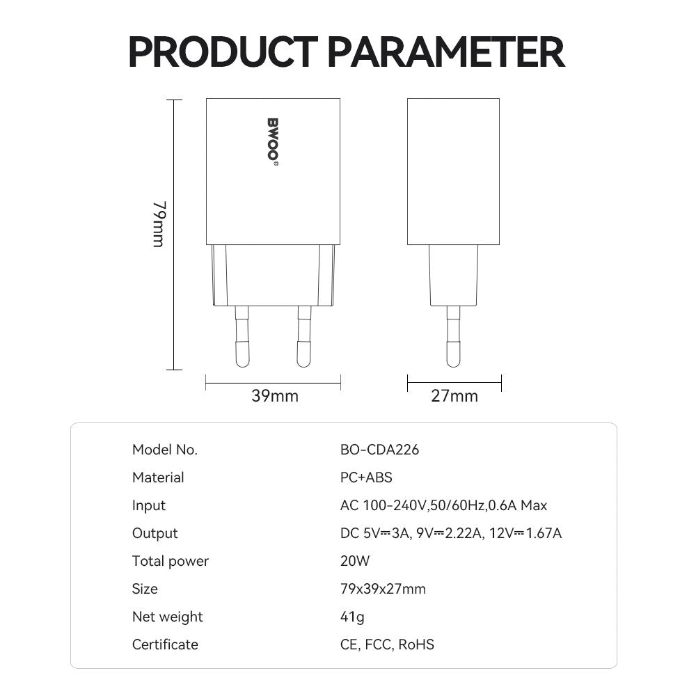 BWOO tīkla lādētājs 20W CDA226 QC 1x USB-C, melns