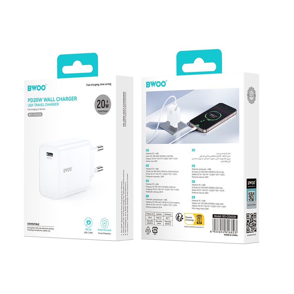 BWOO tīkla lādētājs 20W CDA226 QC 1x USB-C, melns