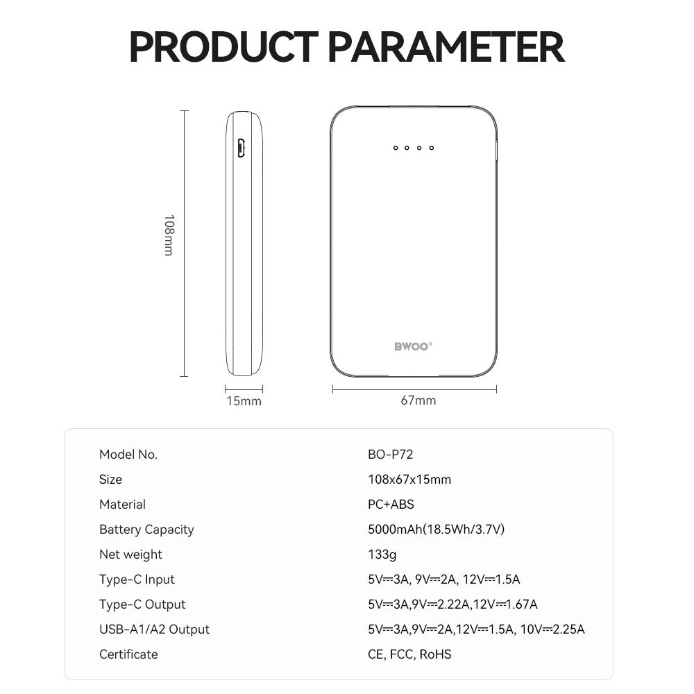 BWOO pārnēsājamais akumulators P72 QC 22.5W PD 20W 5000 mAh ar 2 x USB-A portiem un 1 x USB-C portu, melns