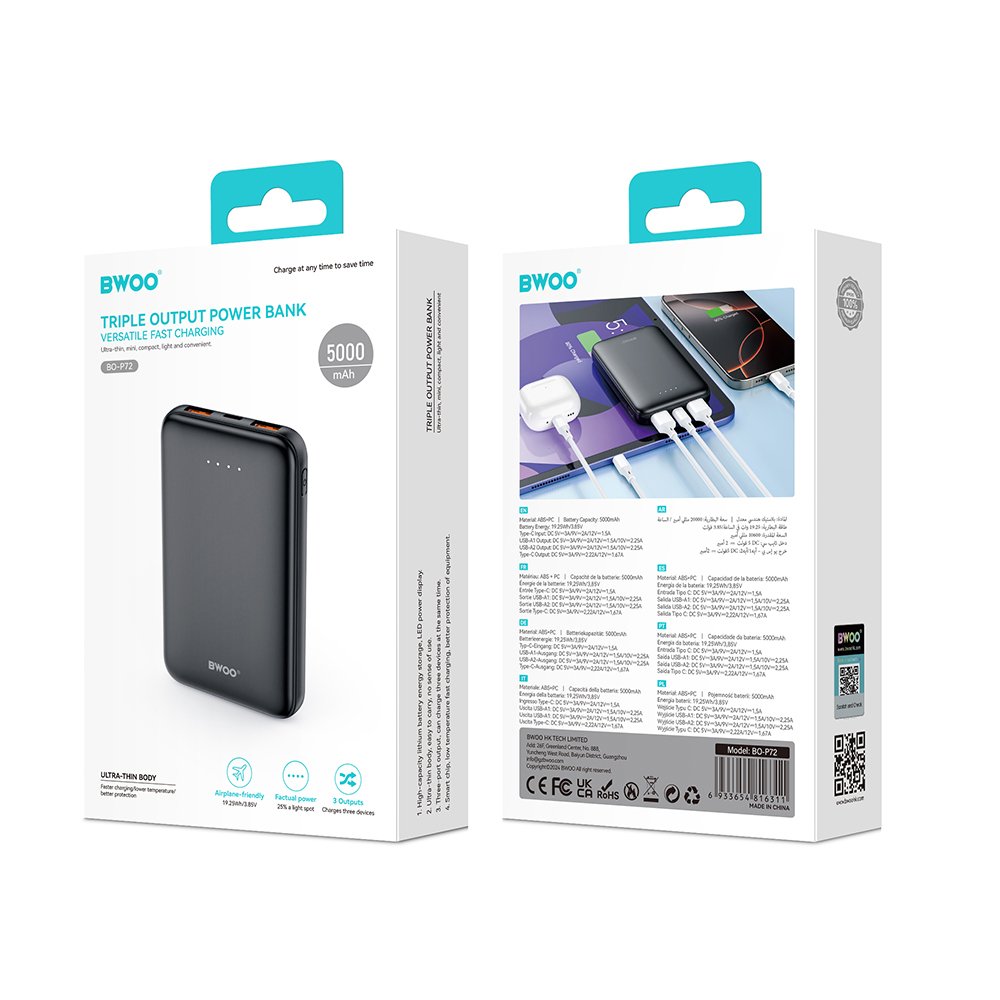 BWOO pārnēsājamais akumulators P72 QC 22.5W PD 20W 5000 mAh ar 2 x USB-A portiem un 1 x USB-C portu, melns