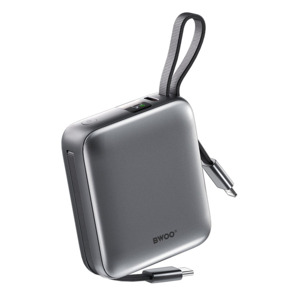 BWOO pārnēsājamais akumulators P74 22,5 W 10000 mAh ar 2 iebūvētiem kabeļiem 1 x USB-C 1 x Lightning melns