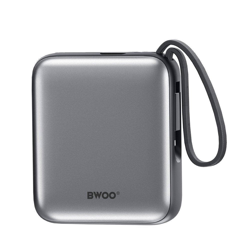 BWOO pārnēsājamais akumulators P74 22,5 W 10000 mAh ar 2 iebūvētiem kabeļiem 1 x USB-C 1 x Lightning melns