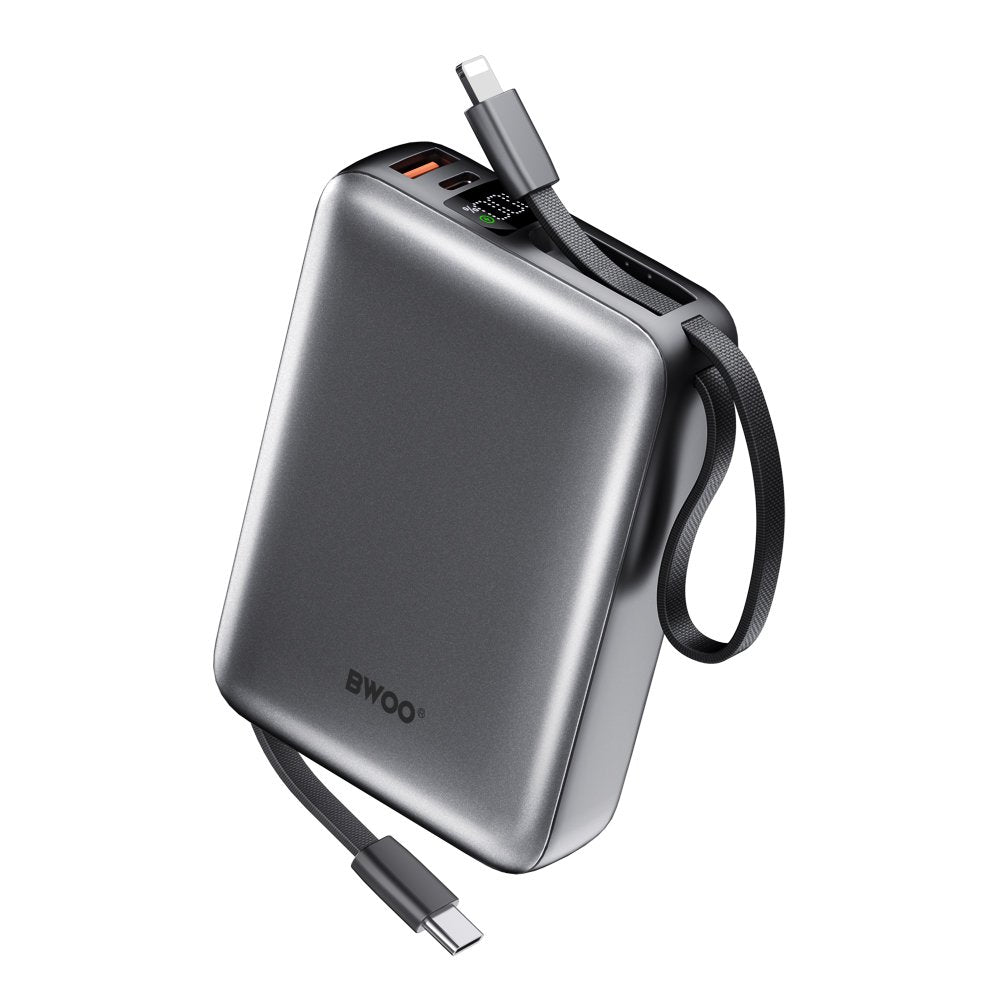 BWOO pārnēsājamais akumulators P73 22,5 W 20000 mAh ar 2 iebūvētiem kabeļiem 1 x USB-C 1 x Lightning melns
