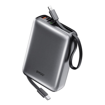 BWOO pārnēsājamais akumulators P73 22,5 W 20000 mAh ar 2 iebūvētiem kabeļiem 1 x USB-C 1 x Lightning melns