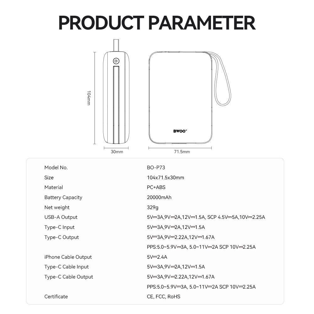 BWOO pārnēsājamais akumulators P73 22,5 W 20000 mAh ar 2 iebūvētiem kabeļiem 1 x USB-C 1 x Lightning melns