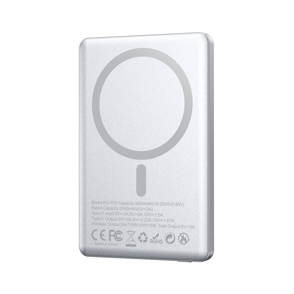 BWOO alumīnija magnētiskā ārējā baterija P75 PD 20W 5000 mAh ar ciparu displeju un USB-C portu, sudraba