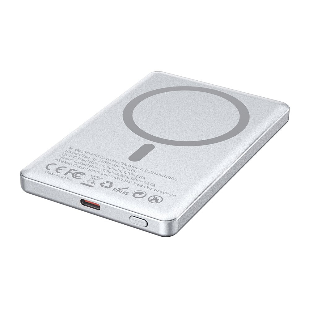 BWOO alumīnija magnētiskā ārējā baterija P75 PD 20W 5000 mAh ar ciparu displeju un USB-C portu, sudraba
