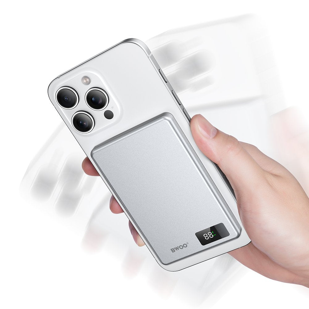 BWOO alumīnija magnētiskā ārējā baterija P75 PD 20W 5000 mAh ar ciparu displeju un USB-C portu, sudraba