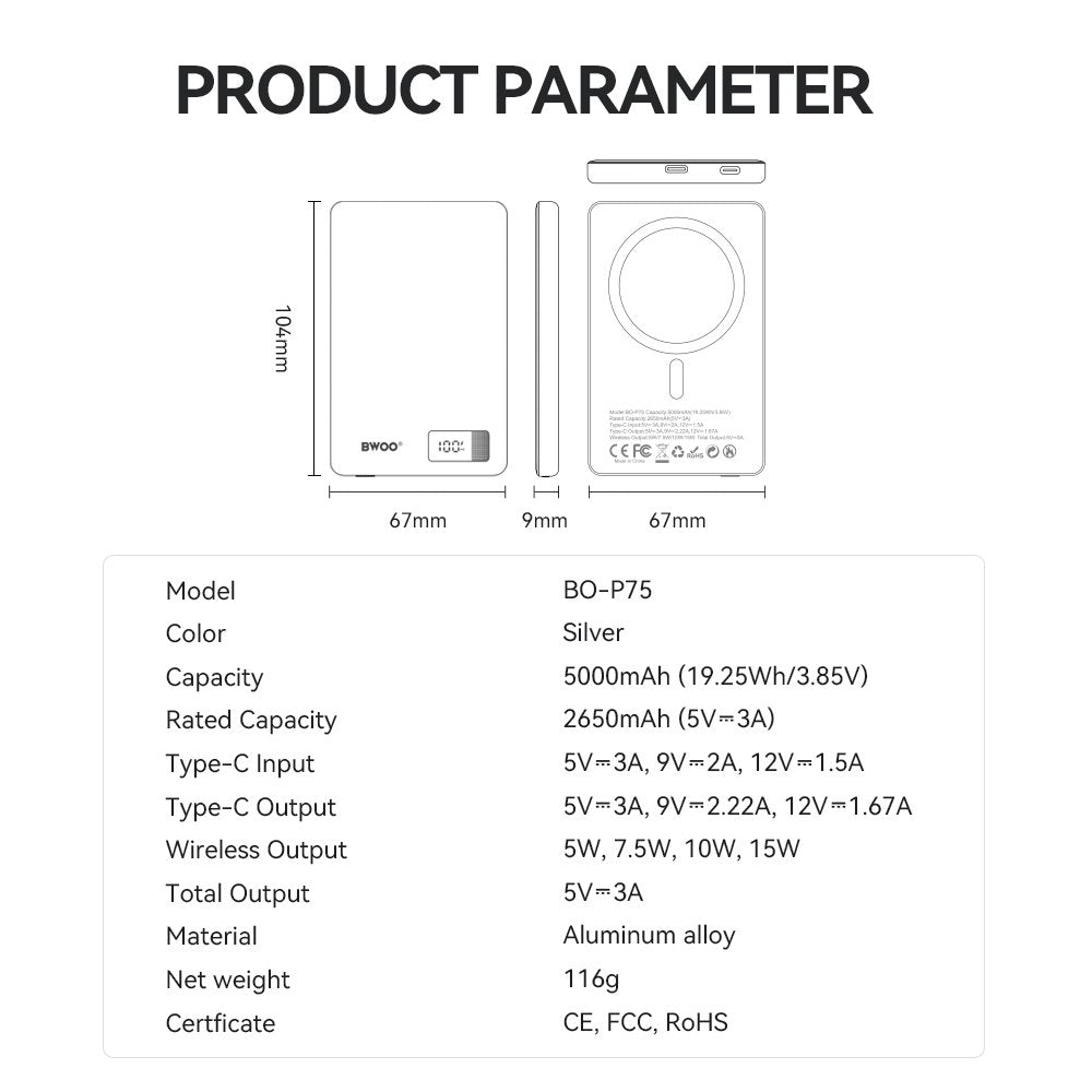 BWOO alumīnija magnētiskā ārējā baterija P75 PD 20W 5000 mAh ar ciparu displeju un USB-C portu, sudraba