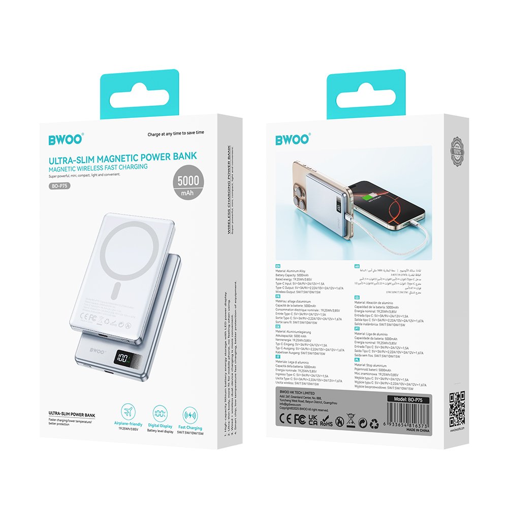 BWOO alumīnija magnētiskā ārējā baterija P75 PD 20W 5000 mAh ar ciparu displeju un USB-C portu, sudraba
