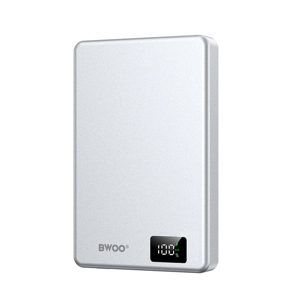 BWOO ultraplāna alumīnija magnētiskā ārējā baterija P76 PD 20W 10000 mAh ar ciparu displeju un USB-C portu, melna