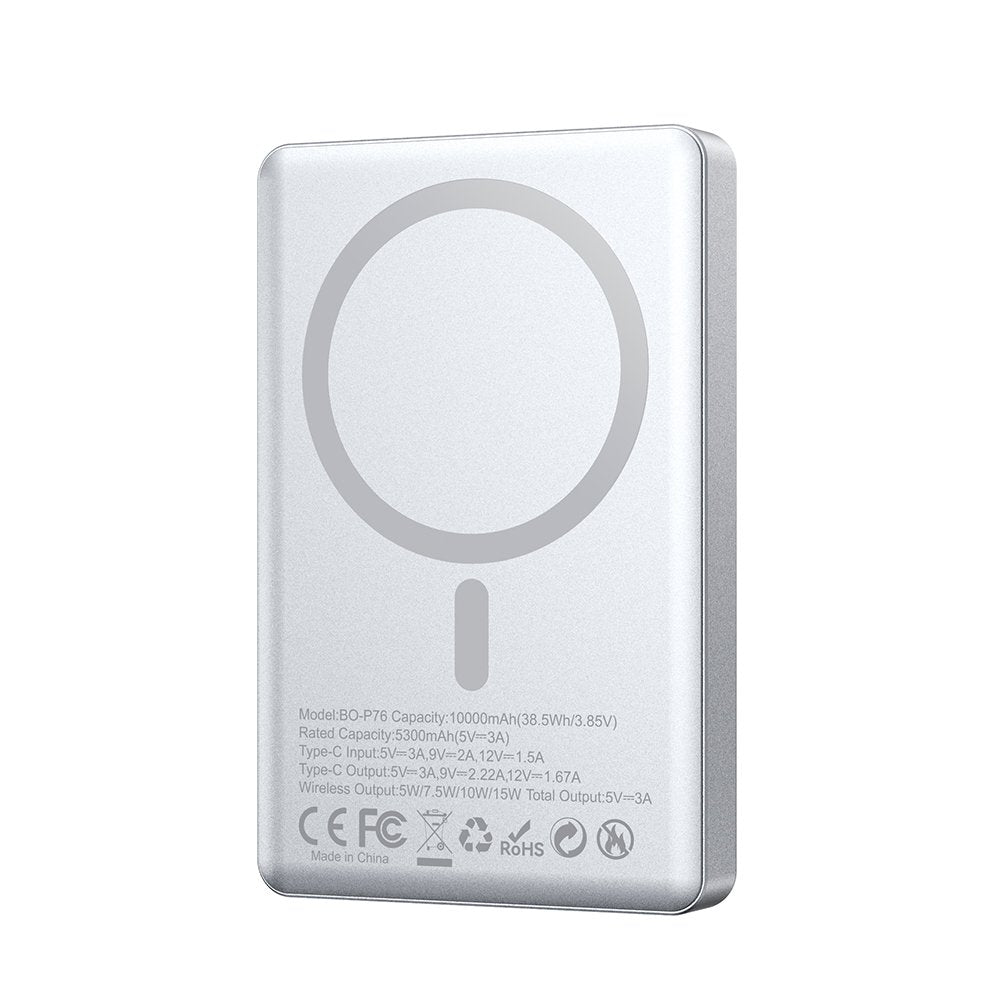 BWOO ultraplāna alumīnija magnētiskā ārējā baterija P76 PD 20W 10000 mAh ar ciparu displeju un USB-C portu, melna