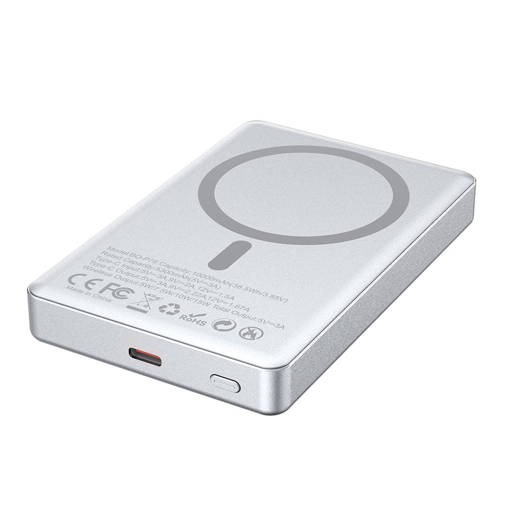BWOO ultraplāna alumīnija magnētiskā ārējā baterija P76 PD 20W 10000 mAh ar ciparu displeju un USB-C portu, melna