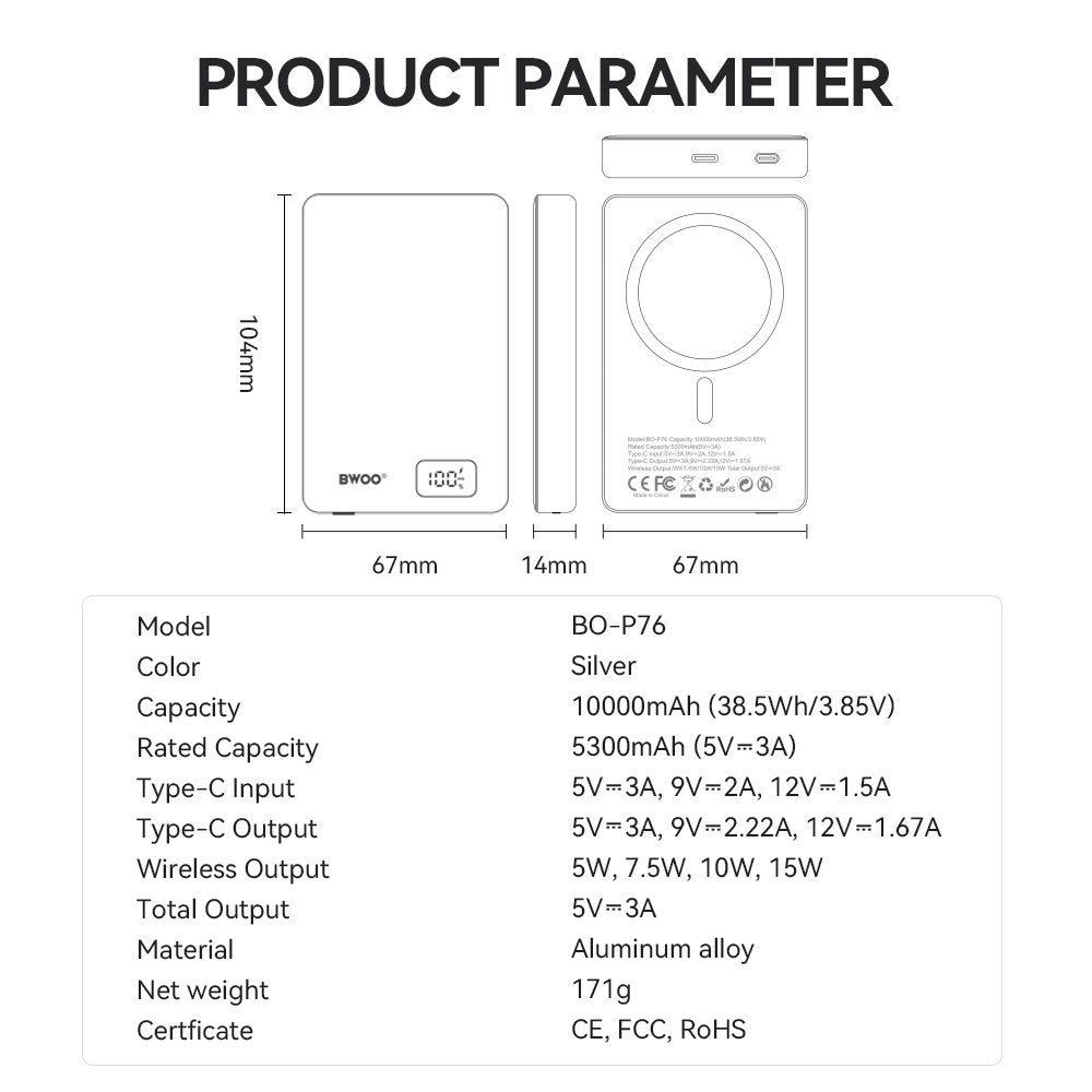 BWOO ultraplāna alumīnija magnētiskā ārējā baterija P76 PD 20W 10000 mAh ar ciparu displeju un USB-C portu, melna