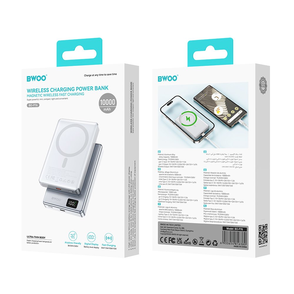 BWOO ultraplāna alumīnija magnētiskā ārējā baterija P76 PD 20W 10000 mAh ar ciparu displeju un USB-C portu, melna