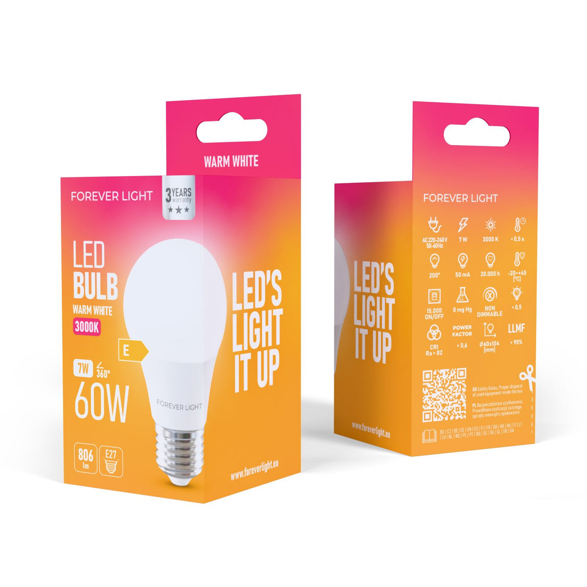 Forever Light spuldze LED E27 A60 7W 806lm 3000K energoklase E