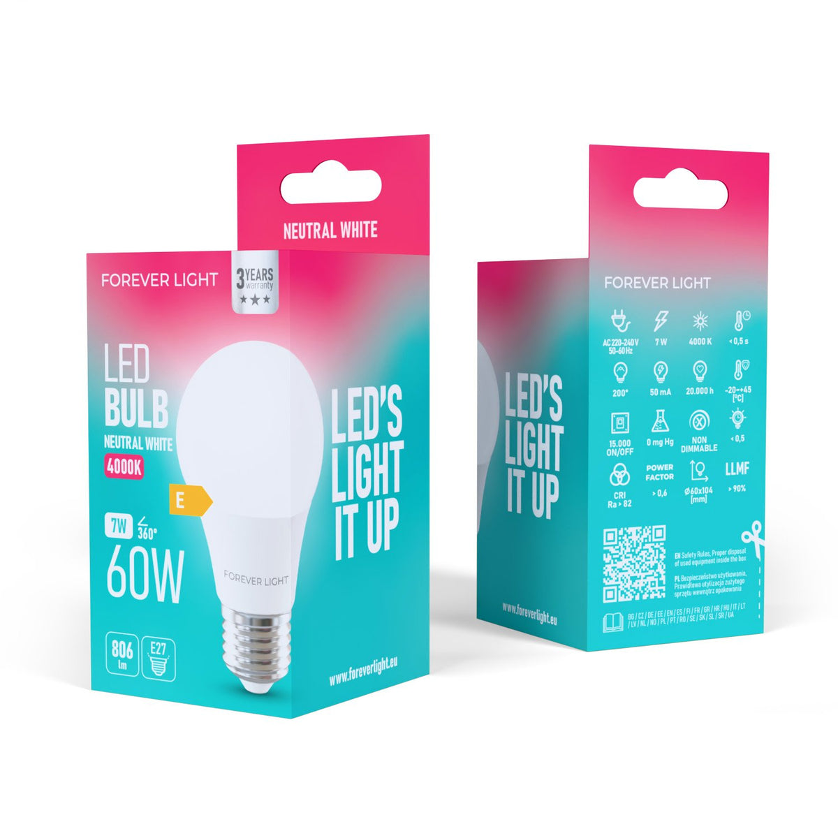 Forever Light spuldze LED E27 A60 7W 806lm 4000K energoklase E