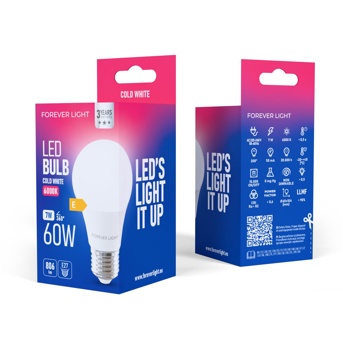 Forever Light spuldze LED E27 A60 7W 806lm 6000K energoklase E