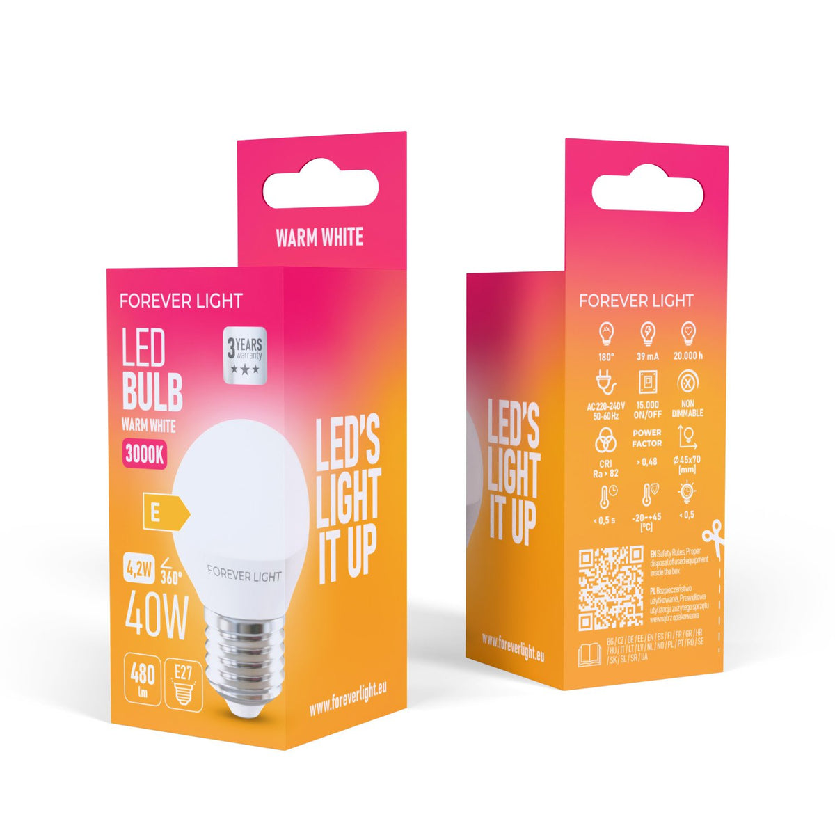 Forever Light spuldze LED E27 G45 4.2W 480lm 3000K energoklase E