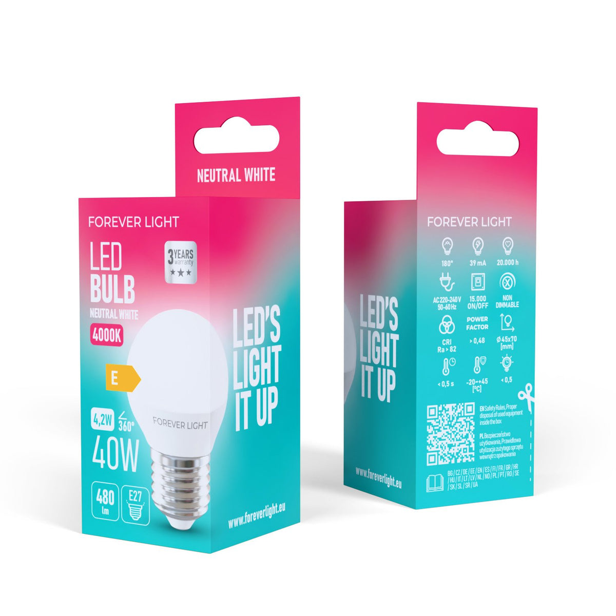 Forever Light spuldze LED E27 G45 4.2W 480lm 4000K energoklase E