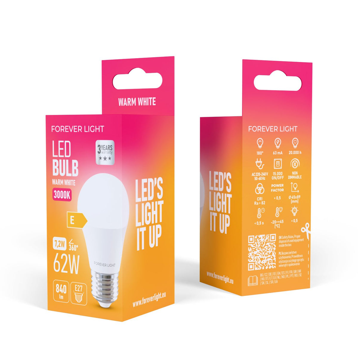 Forever Light spuldze LED E27 G45 7.2W 840lm 3000K energoklase E