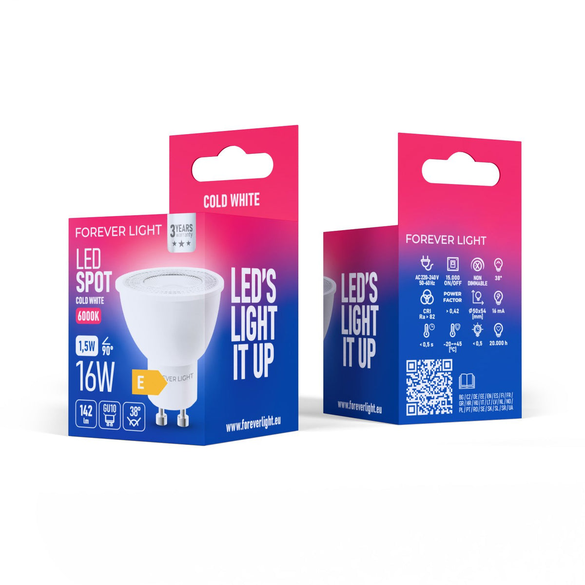 Forever Light spuldze LED GU10 38° 1.5W 142lm 6000K energoklase E