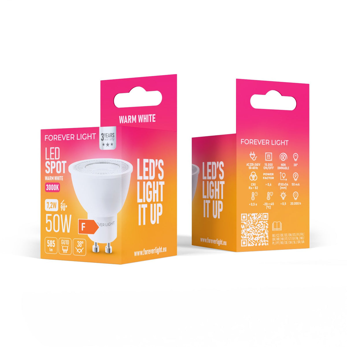 Forever Light spuldze LED GU10 38° 7.2W 585lm 3000K energoklase F