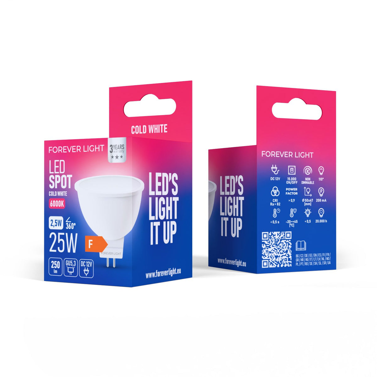 Forever Light LED spuldze GU5,3 MR16 2.5W 250lm 6000K 12V energoklase F